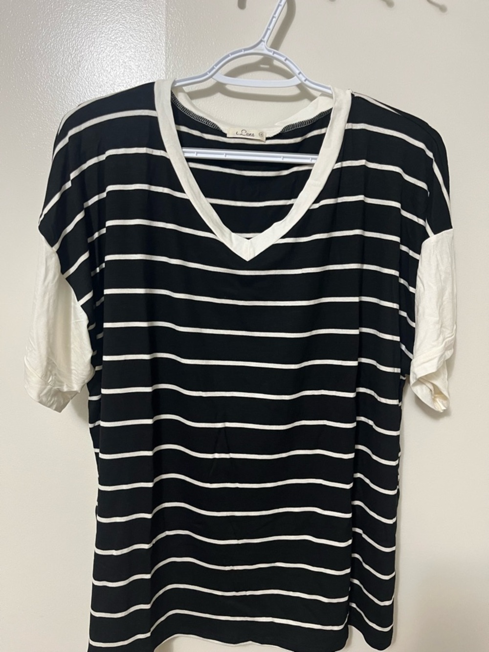 E Luna Black & Off White Striped V-Neck Women's Top